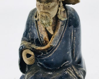 Vintage Majolica Chinese Sancai Drip Glaze   Figurine 4.25" Imprint CHINA Mud Man