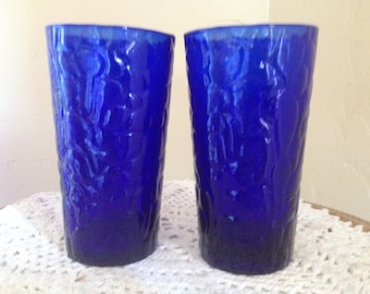 Rare Pretty Pair of Cobblestone Patterned Cobalt Blue Molded Glass Glass - Early 1900's