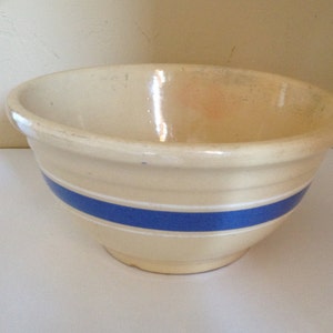 Vintage Watt Yellow Ware Mixing bowl, marked oven ware USA Blue and White Band Border image 1