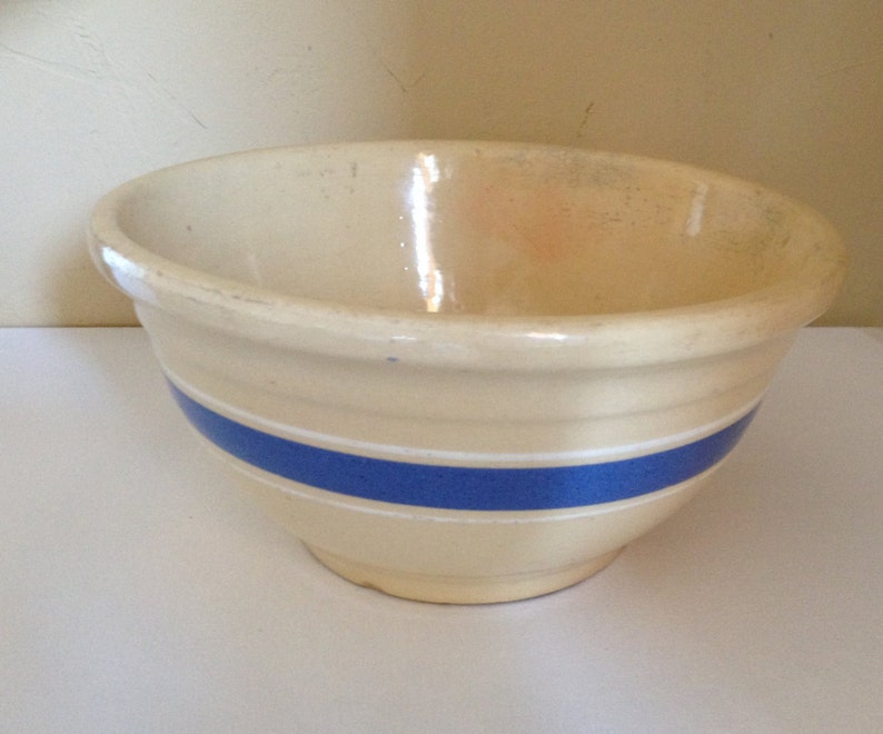 Vintage Watt Yellow Ware Mixing bowl, marked oven ware USA Blue and White Band Border image 1