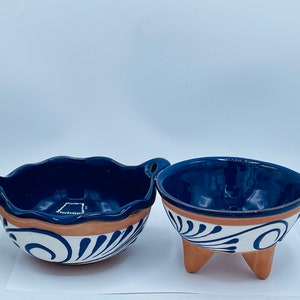 Pair (2) Hand Crafted SALSA Appetizer BOWLS Pottery Made in Mexico- La Mexicana Lead Free- Unused Blue and White