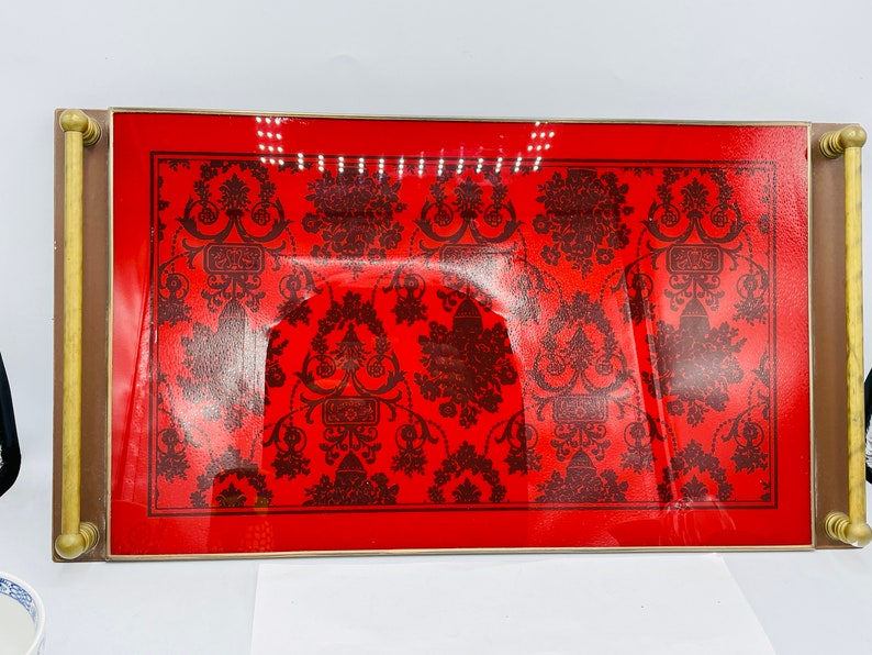 Vintage Glass Brass Handled Dresser Table Tray Red and Black Nordstroms 10 3/4 X 9.5 Asian Style image 3