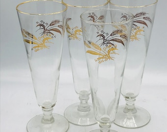 Vintage Set 4 Crystal Pilsner Glass Gold Homer Laughlin Wheat Pattern Elegant Beer Glass Vintage Rare