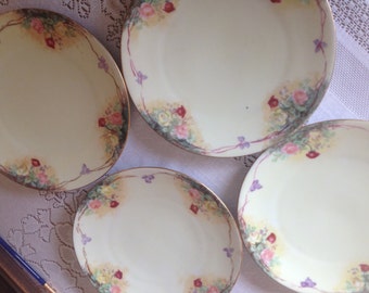 Vintage Rare Set of (4) Beautiful Pink  Yellow Rose Hand Painted Decorator Plate Gold Trim -Silesia C 1920's