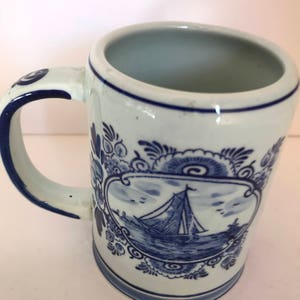 Vintage Blue Delftsblaum Beer Small Stein Coffee Mug Clipper Ship Windmill 4 tall Great Condition-Hand Painted image 4