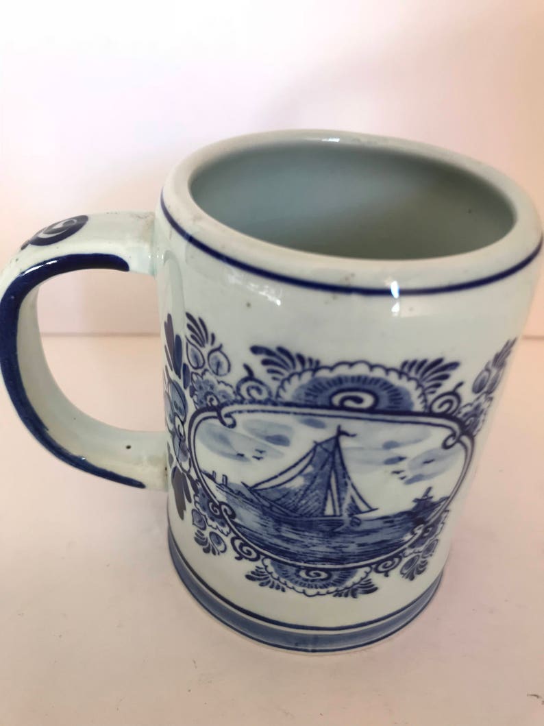 Vintage Blue Delftsblaum Beer Small Stein Coffee Mug Clipper Ship Windmill 4 tall Great Condition-Hand Painted image 4