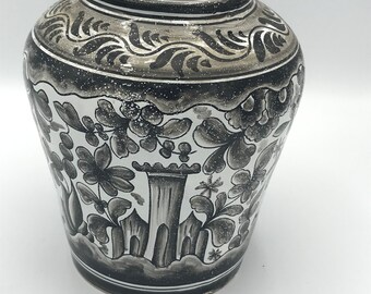 Vintage Large Coimbra Pottery Portugal hand-painted Gray, Black and White  Design 8 1/2"