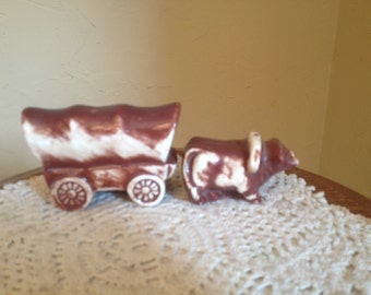 Vintage Oxen and Wagon  Salt and Pepper Shakers- tan- Brown