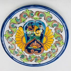VIntage Mexican Talavera Pottery Plate- for Display-Signed Mexico-Hand Made-Decorative-Cobalt Blue and Yellow- Bright Colors 8&quot;