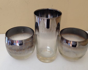 Gorgeous Ombre Silver Fade 3 PC Set - High ball Glasse Tumbler and (2) Rolly Poly Whiskey Queen Pattern