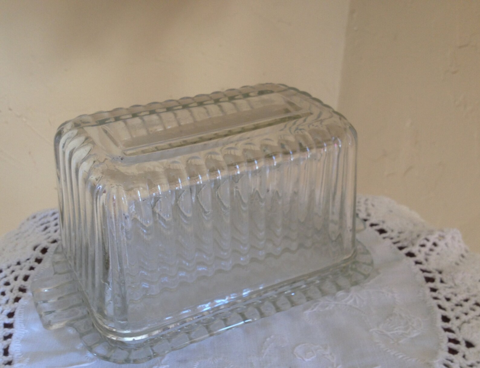 Vintage Large Ribbed Glass Butter Dish1 Pound Size Etsy