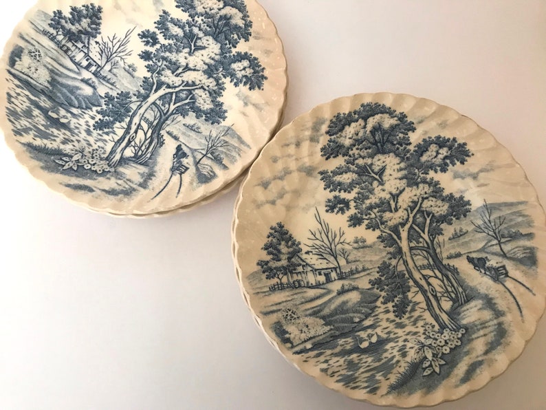 Blue River Blue and White Transfer ware Bread Salad Plate-Nasco Vintage 5 Made In Japan -English Countryside Scene-7 Diameter