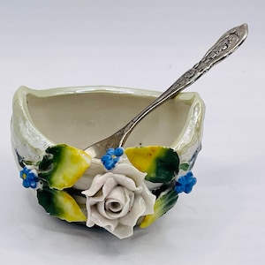 Antique Germany Porcelain salt Cellar dip dish with Applied Flower and Sterling Silver Spoon
