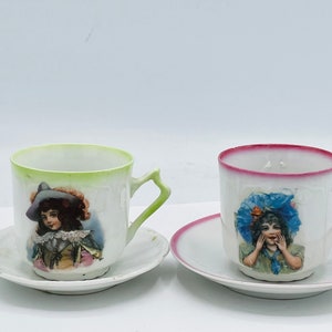 Victorian set of two Porcelain Tea Cup and Saucer with Young Girl and Boy Portrait - Germany- Children&#39;s Cups