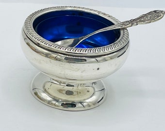 Vintage Fisher Sterling Silver Pedestal Salt Cellar Cobalt Blue Glass Liner Sterling Spoon  2.25" Rope Rim