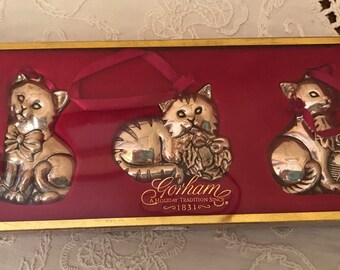Vintage Gorham Set of (3) Cats Silverplated Ornaments-original box-