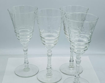 Vintage Set of (4)  Rock Sharpe  Libbey Etched Wine Glasses-Floral Rib band Design Mid Century Marshfield Pattern- 8 ounce