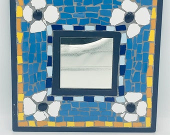 Vintage Mosaic Tile  Glass Square Accent Mirror Wood frame-Black Yellow Blue  Border with White Flower - 9 3/4" Guadio Barcelona
