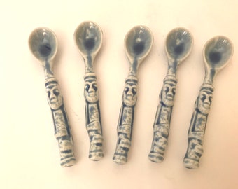 Vintage (5) Ceramic handcrafted  Desert Sugar Spoons Figural- Blue Glaze