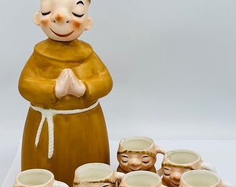 Vintage Lefton Whimsical Praying Friar Tuck Monk Decanter & 6 Cups