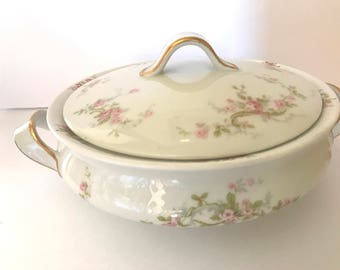 Theodore Haviland Rose Covered Vegetable Casserole Dish Bowl- Limoges France Pink Flowers Gold Trim- Excellent - 1941