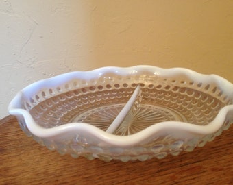 Vintage White  Fenton Opalescent Moonstone Divided Serving Bowl- Appetizers Reslish Dish