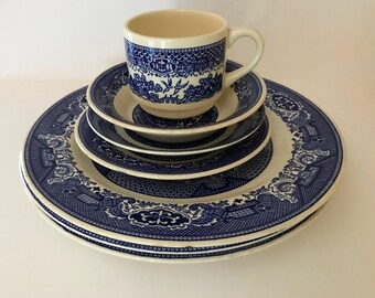 Vintage Royal China Blue Willow Ware Vintage Plates- (4) Dinner Plates, Bread Plate Bowl and Tea Cup and Saucer- Replacement China