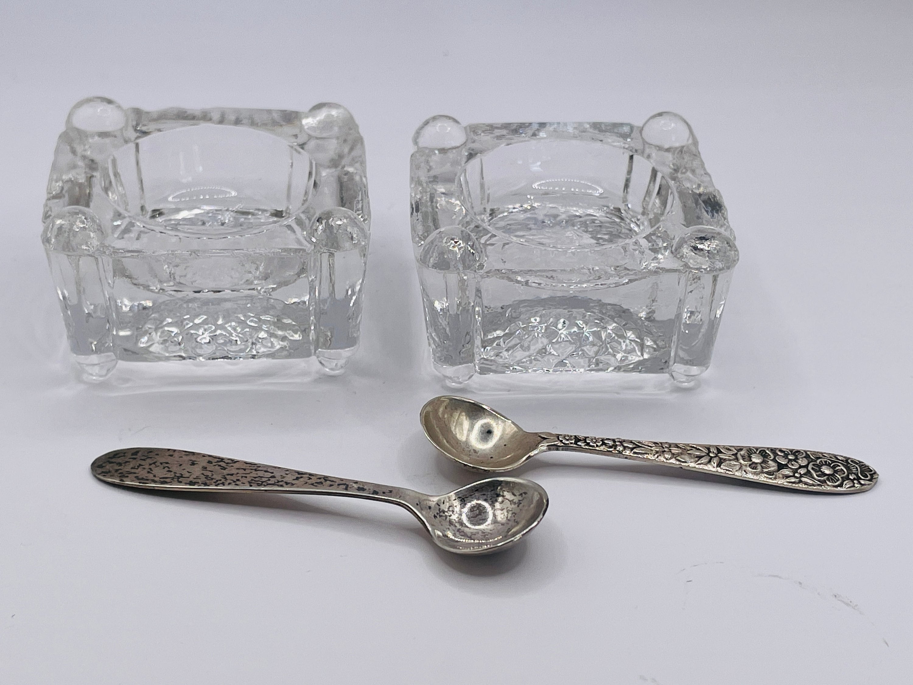 Vintage Heavy Glass Open Salt Master Cellar Dip- Pair of Sterling