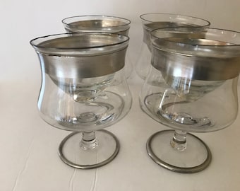 Vintage set of nine 1960s  Dorothy Thorpe Seafood Cocktail Glasses with Insert Liner- Sterling Silver Trim-