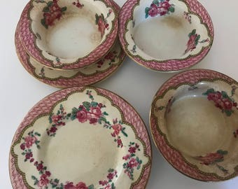 Antique (7)pc Booths Silicon China England Rose Pattern Early 1900s Porcelain small Bowl and Saucer