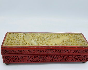 Antique Large old 19th century Chinese Cinnabar lacquer floral white hand carved footed jade box- Marked China