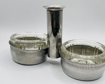 Vintage Large Double Stainless Steel Salt Cellar Toothpick Holder, Glass Insert Bowls