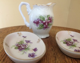 Vintage purple violet porcelain set-two trinket trays from Lefton China and miniature Pitcher from Richard Japan -Purple Flowers