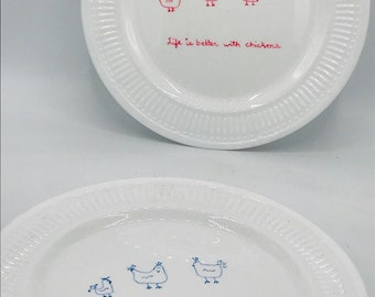 Vintage  White  Dinner Plates- "Life is better with Chickens" "My girls make me breakfast"