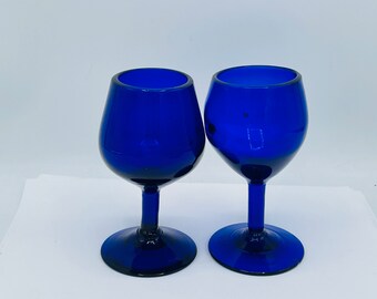 Vintage (2) PC set  of Handmade Blown Mexican Small Wine Glasses  Cobalt Blue Balloon shape