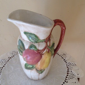 Vintage Hand Painted Fruit 3 D Pitcher Signed Una 1968