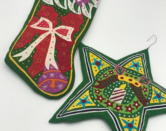 Pair of handmade Christmas Stocking and Star- Fabric Quilt Embroidered South American- Nice Condition