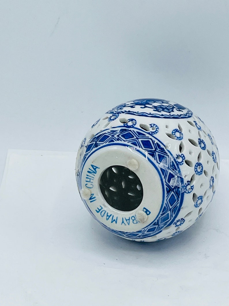 Vintage Bombay Co Decorative Ceramic Egg Floral Blue White Reticulated image 3