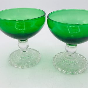 Vintage Pair of (2)  Anchor Hocking , ice cream, sherbet or Cocktail Glasses Forest Green Bubble Inspiration Sherbet Stems