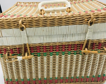 Vintage Large rattan  Wicker Woven Picnic Basket Sewing- Red Green and White Stripes Plastic 14"- nice Condition
