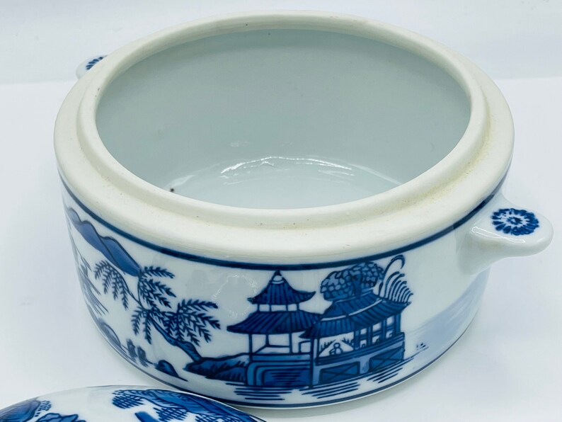 Vintage Blue and White lidded Soup Tureen Featuring China Country Scene 6.5 Chip Free image 3