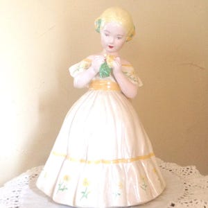 Vintage Large Ceramic Pretty Girl Holland Figurine Yellow Holding flowers Hand Painted-1950&#39;s  10.5&quot;