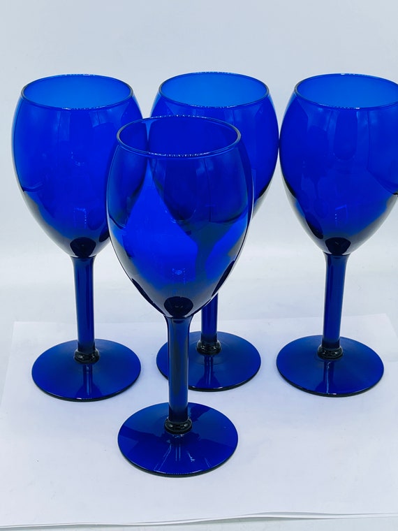 Cobalt Blue Stemmed Wine Glasses ~ 8” Tall ~ Set Of 2 ~ Free Shipping ~ Vintage! 