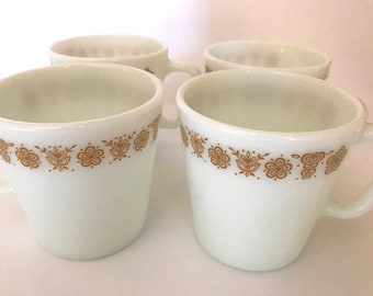 Vintageset of (4) Pyrex Gold Butterfly Milk Glass coffee cups