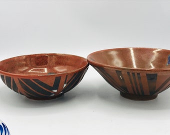 Vintage  Etched Red and Black  Pottery Bowls- Signed Blue