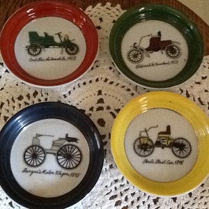 Vintage Set of Four Old Car Theme Ceramic Coasters or Trinket Trays image 1