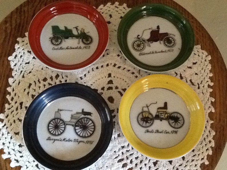 Vintage Set of Four Old Car Theme Ceramic Coasters or Trinket Trays image 1