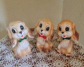 Vintage Set of (3)  Commodore Dog Salt and Pepper Shakers- Noise Makers -Spaniel