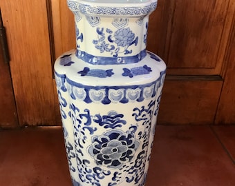 Vintage Tall Large Floor Vase Cobalt Blue And White Hand Painted Floral Vase - 19" -