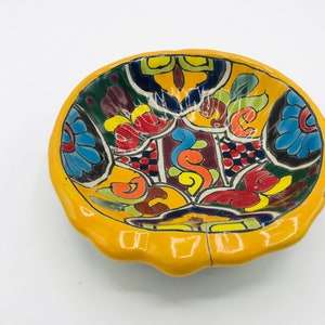 Vintage  Hand Painted small Pottery Salsa Bowl signed  Vazquez Mexico- Bright Floral Design- 5 1/2&quot;